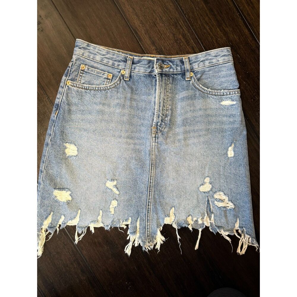 ZARA High Waisted Distressed Jean Skirt Shredded Raw Hem Y2K Trashy Grunge
